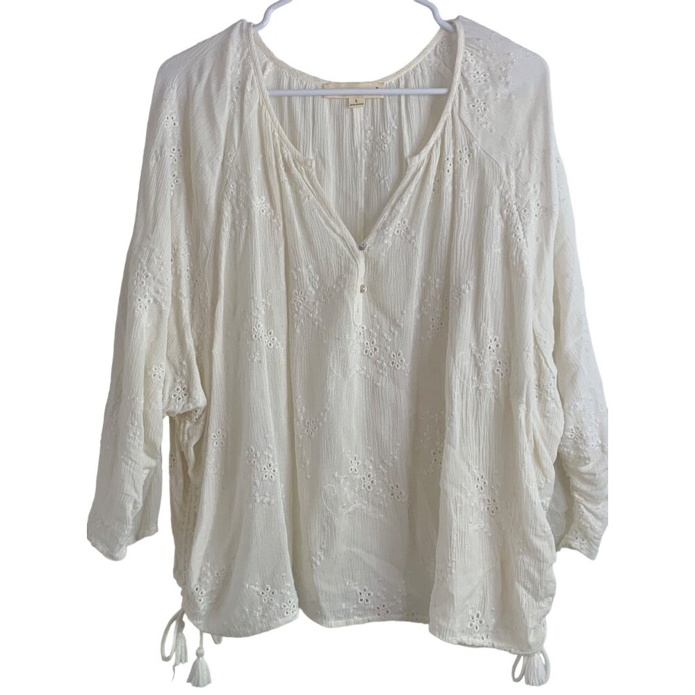 Lovestitch Women's Embroider Boxy Blouse L Cream Tassel Ties Boho 7514 EUC